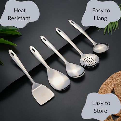 Image of Montavo by FnS 5 Pieces Premium Stainless Steel Serving Tools Set, Rice Server, Gravy Ladle, Veg Serving Spoon, Skimmer & Solid Turner, Food Grade Kitchen Utensils for Home & Dining