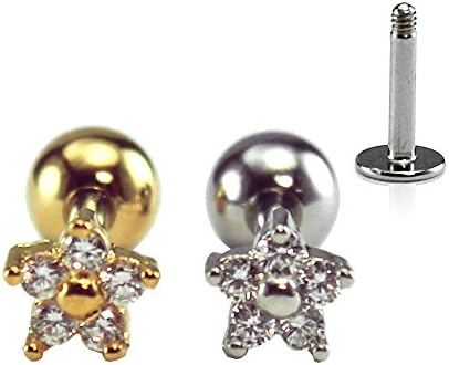 HiUnni 16g Mini Dainty Flower Cartilage Earring, Helix Earring, Conch Earring, Tragus Ear Stud, labret Stud, Piercing Barbell, Surgical Steel, 1pc (Silver, Labret(Flat Back)-5/16"(8mm))