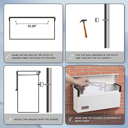 Image of xydled Wall Mount Mailboxes for Outside, Steel Hanging Metal Mail Box,White | Textured Modern Post Box Package Drop Box for Outdoor House Home, ideal for magazines and mail storage, 14.56''x7.1''x4''