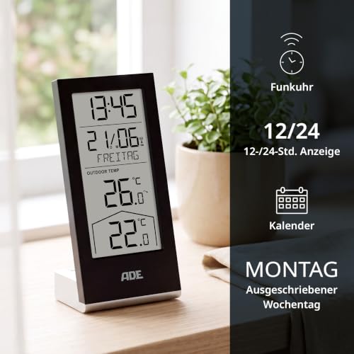 ADE Funkuhr digital mit Temperaturanzeige und Außensensor | Thermometer für Innen- und Außentemperatur | Trendanzeige | Tischuhr mit Datum und Wochentag | inkl. Batterien | schwarz