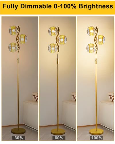 Image of Lightdot 60IN Dimmable Gold Floor Lamp with Glass Globe Mid Century Standing Lamps with 3Pcs 3000K Bulbs Included Modern Tall Lamp with 5Lbs Heavy Iron Base for Bedroom /Sofa Beside /Corner Decor