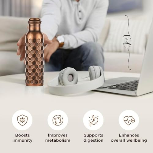 Image of Copper Water Bottle - 32 Oz - Handcrafted Ayurvedic Vessel | Antique Honeycomb, Jointless Leak-proof, Eco-Friendly, BPA-Free, Handmade Water Bottles for Yoga, Office, Travel