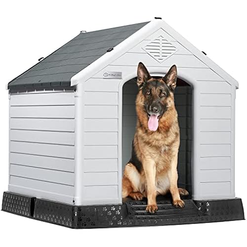 LEMBERI Durable Waterproof Plastic Dog House for Small to Large Sized Dogs, Indoor Outdoor Doghouse Insulated Puppy Shelter with Elevated Floor, Easy to Assemble (Gray, 34''L*31''W*32''H)