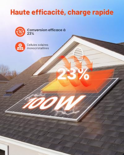 VEVOR Panneau Solaire Monocristallin 100 W Panneau Photovoltaïque Haut Rendement 23% pour Hors Réseau Toit Plat Voiture, Bateau, Camping-car, avec Sortie MC4 Stable, Cadre en Aluminium, Étanche IP65 – vue 2
