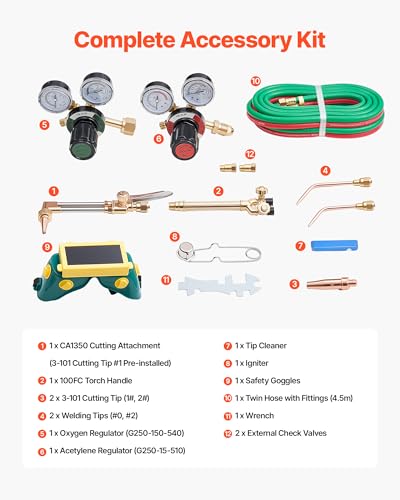 Image of VEVOR Oxygen Acetylene Torch Kit with Check Valves, Gas Welding Cutting Torch Kit, Professional Oxy Acetylene Brazing Set with 15FT Twin-Hose, 2 Cutting Tips, 2 Welding Tips & 2 Precise Regulators