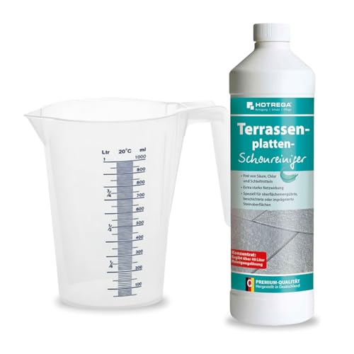 HOTREGA Terrassenplatten-Schonreiniger 1L Konzentrat| Steinreiniger für empfindliche beschichtete & imprägnierte Steinoberflächen| inkl. Messbecher