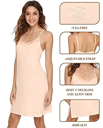 Nachila Bamboo Nightgowns For Women Comfy V Neck Full Slips Nightdress Plus Size Satin Trim Lightweight Spaghetti Strap Camisole Beige S #TOP3