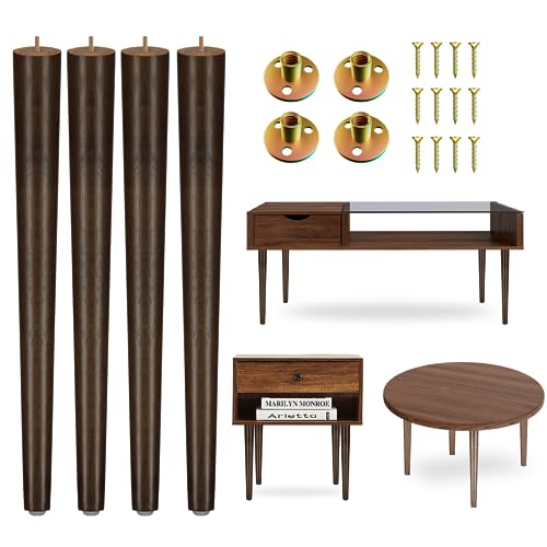 Yes4All Round Brown Wood Table Legs 16 Inches - Mid Century Replacement Feet for Coffee Table, End Table - Stable Rubber Wood Parts for Nightstand with Glides, Walnut, Set of 4