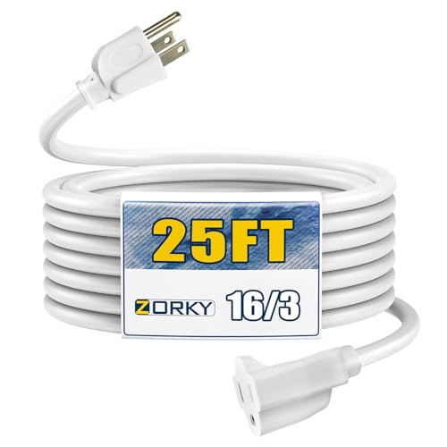 Image of 25ft Outdoor Extension Cord - 16 /3 Heavy Duty SJTW Waterproof White Electrical Cable with 3 Prong Grounded Plug for Safety, Great for Lawn and Major Appliances