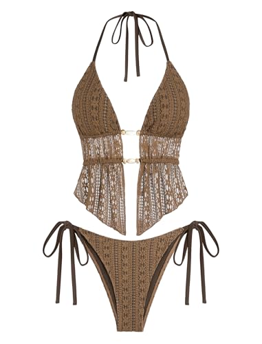 Image of ZAFUL Halter Swimsuits for Women Textured Backless 2 Piece Bathing Suits Cheeky High Cut String Tie Side Bikini Sets