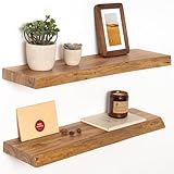 24 Inch Live Edge Floating Shelves for Wall 2 Pack Shelves for Bedroom, Bathroom, Kitchen, Wall Mounted Rustic Solid Elm Wood Floating Shelf with Invisible Bracket for Books, Decor, Storage, Natural