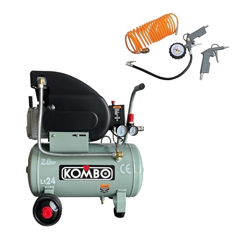KOMBO - Compressore Elettrico 2.0 HP 24 Litri – 8 Bar, 2800 giri/min, con Accessori Inclusi – Pompa Aria per Officina, Verniciatura, Pneumatici, Gonfiaggio, Soffiaggio, Pulizia