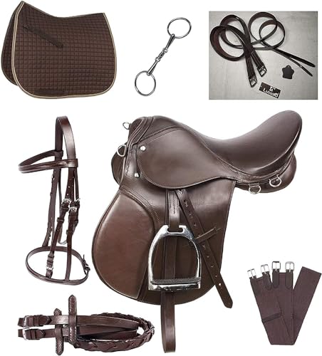 Lussoro Leather English Riding Horse Saddle Starter Kit Brown Saddle 7 Pcs Combo Pack