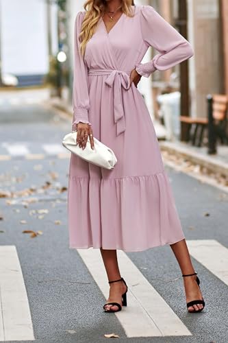 Image of PRETTYGARDEN Women's Floral Boho Dress Fall Long Sleeve Wrap V Neck Ruffle Flowy Maxi Spring Wedding Guest Vacation Dresses