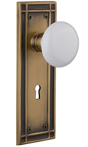 Nostalgic Warehouse Mission Plate with Keyhole White Porcelain Knob, Mortise - 2.25, Antique Brass