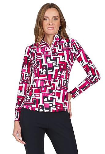 IBKUL Athleisure Wear Sun Protective UPF 50+ Icefil Cooling Tech Jennifer Print Long Sleeve Mock Neck Top – 10543, Color: Red/Black - Print: Jennifer, XS