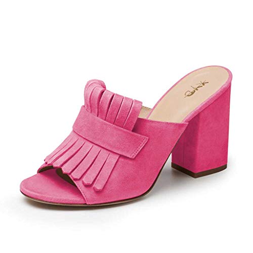 Xyd Open Toe Heeled Mules With Fringe Slip On High Chunky Heels Summer Slides Sandals Holiday Casual Dress Shoes For Women Size 15 Fuchsia #TOP22