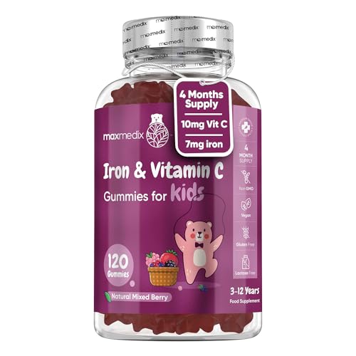 Iron & Vitamin C Gummies for Kids - 4 Months Supply - 120 Gummies - Natural Mixed Berry Flavour - Kids Iron for Energy & Immune System - Vegan Supplements - No Aftertaste