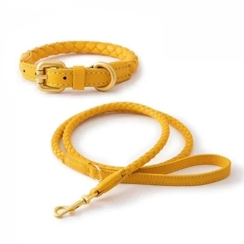Collier pour chien en cuir tressé main jaune élégant taille M