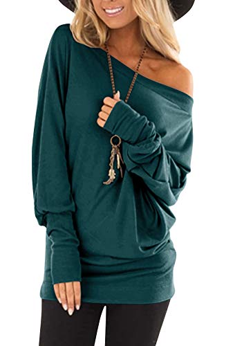 Image of Hiistandd Women's Off Shoulder Tops Shirts Baggy Batwing Top Shirts Jumper Tunic Knit Oversized Pullover Sweater T Shirt Casual Tunic Tops Blouse Dark Green