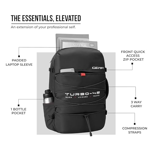 Image of Gear Turbo 21 inch /45L Large Water Resistant Anti theft Laptop Backpack with Raincover | Backpack | Daypack |Briefcase | Travel Bag For Men /Women (Black - Black)