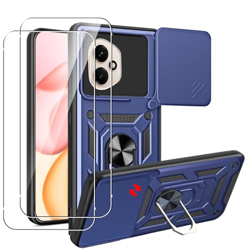MEMELOKA Funda para Honor 400 5G + 2 Piezas Cristal Templado, Armor Carcasa Militar Antiarañazos con 360° Soporte de Anillo, Antigolpes Carcasa con Cubierta de Cámara Deslizante, Azul