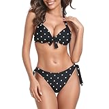 【RELLECIGA】 レディース 盛れる アンダーワイヤー プッシュアップノット ビキニセット 水着(ブラックポルカドット、L)