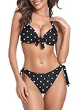 RELLECIGA Women Push Up Bikini Set Knot Front Underwire Swimsuits Low-Rise Bathing Suit(Black Polka Dot,Small)