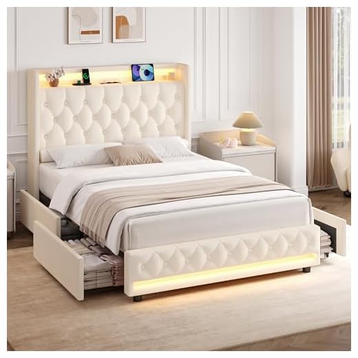 FOREHILL Polsterbett 140x200 Bettgestell mit Stauraum, LED Beleuchtung, Ladestation, Bett Jugendbett mit 4 Schubladen, Kopfteil, Lattenrost, Samt weiß