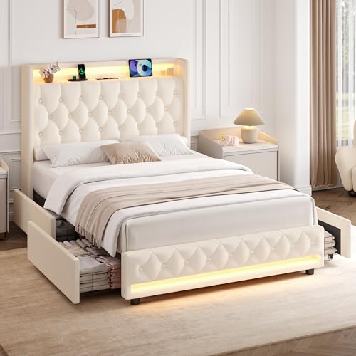 FOREHILL Polsterbett 140x200 Bettgestell mit Stauraum, LED Beleuchtung, Ladestation, Bett Jugendbett mit 4 Schubladen, Kopfteil, Lattenrost, Samt weiß