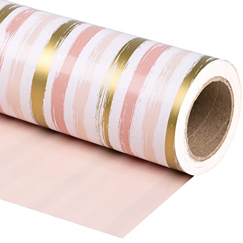 WRAPAHOLIC Reversible Pink Wrapping Paper - Mini Roll - 17 Inch X 33 Feet - Pink Gold Lines and Solid Pink Design for Girls Birthday Baby Shower Wedding Bridal Shower