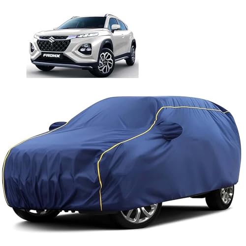 Image of Sulfar 100% Water Resistant Car Body Cover Compatible with Mirror for Maruti Suzuki Fronx (Triple Stitched, Full Bottom Elastic, Blue Tafetta with Yellow Piping)