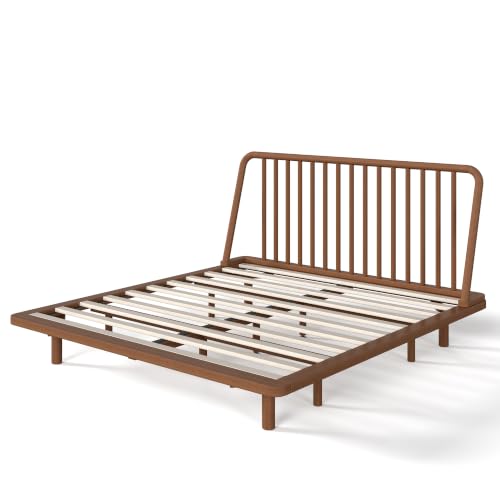 Image of Bellemave Queen Size Bamboo Bed Frame with Slatted Slanted Headboard,Brown