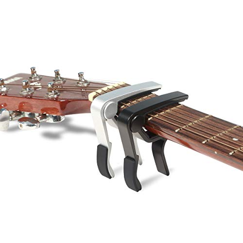 WINGO 6 String Single-handed Guitar Capo For Acoustic Electric Guitar - 2 Pack of Black and Silver