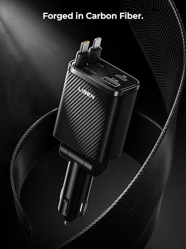 Image of LISEN Retractable Car Charger, 84W Car Charger USB C Fast Charger Adapter, Car Accessories for Men Women, Gifts for Fathers Day for Men Dad Husband, for iPhone 17 16 15 14 13 12 Pro Max, Carbon-Black