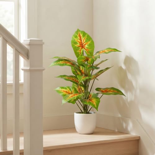 Image of Dekorly Artificial Caladium Plant Tree with White Pot 26 Inches | 66cm - Realistic Faux Leaf Plant for Home Decor, Bedroom, Living Room & Office