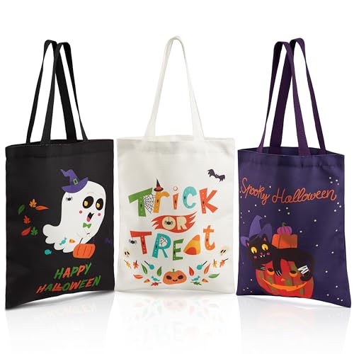 JOYIN 3PCS Large Halloween Tote Treat Bag for Trick or Treat Halloween Goodie Candy Bag Reusable Black White Canvas Gift Bag for Kid Party Favor Supply Purple Snack Grocery Tote with Handle