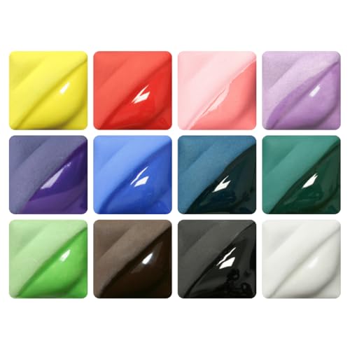 AMACO Velvet Underglazes 12-Count Set No. 1 12 Assorted Colors in 2 oz. (59 mL) Jars Cone 05-10 (V) Intermixable Liquid Ceramic Pottery Underglazes for Bisque and Wet/Unfired Clay