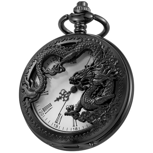 ساعة جيب كوارتز محفورة بشكل تنين عتيق للرجال مع سلسلة، هدية مخصصة فريدة مخصصة لعيد الميلاد وعيد الاب والزفاف، مينا عربي، حركة كوارتز