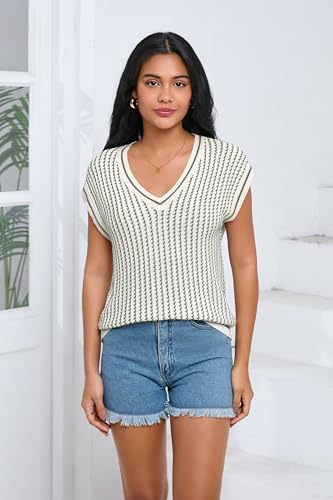 Image of SAUKOLE Women's Sweater Vest Casual V Neck Cap Sleeve Knit Pullover Tops | 2026 Spring Clothes, Soft Knit Shirts, Short Sleeves T-shirts, Tunic Blouses, Sweater Tank Tops