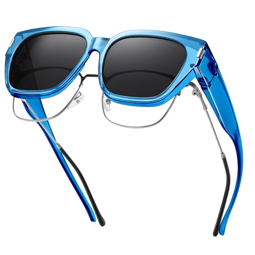HAOLOTA Polarized Fit Over Glasses Sunglasses for Women Men Trendy Square Wrap Around Shades UV Protection L Size 03 Blue/Grey