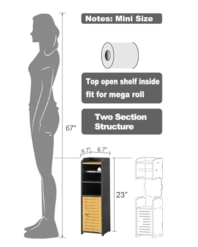 AOJEZOR Toilet Paper Holder Stand: Small Bathroom Storage Cabinet Mini - Matte Black/Bamboo - Thumbnail 2