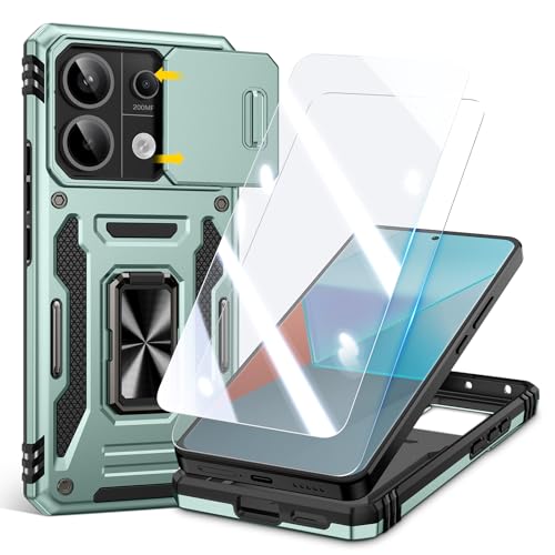 Doeshine Coque pour Xiaomi Redmi Note 13 Pro 5G / Poco X6 (Non Compatible pour Note 13 Pro +), 2 Protecteurs D'écran [Protection Militaire], Anneau Béquille, Protection Coulissante Caméra (Vert)