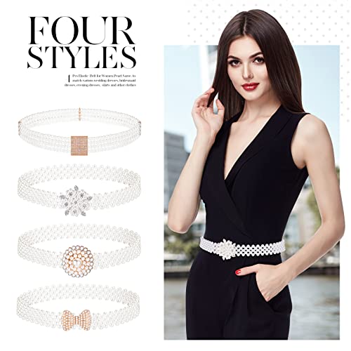 4 Pack Wedding Pearl Belt for Women Dress Rhinestone Bridal Belt Crystal Beaded Waistband Elastic Jeweled Wedding Waist Sash Accessories for Women Bride Bridesmaid Gown Birthday Party Prom Gifts4