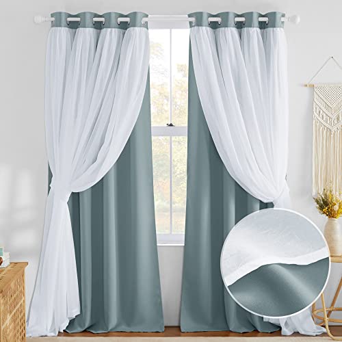 Nicetown Greyish Blue Curtains For Bedroom Double Layers Crushed Sheer Overlay Elegant Decoration For French Country Rustic Design Window Covering With Tiebacks, 52" Wide X 84" Long, 2 Panels #TOP6