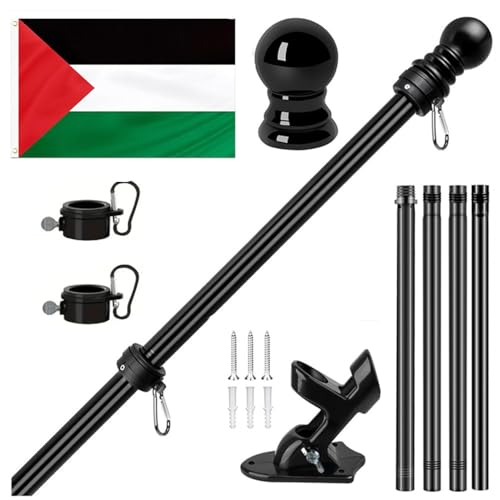 Bandera Palestina con Asta – Kit Completo con Bandera 90x150cm (3x5ft) + Asta de 1,8m/6FT de Pared – Soporte de Acero Inoxidable & Tornillos, Bandera de Poliéster (Negro, Versión completa)