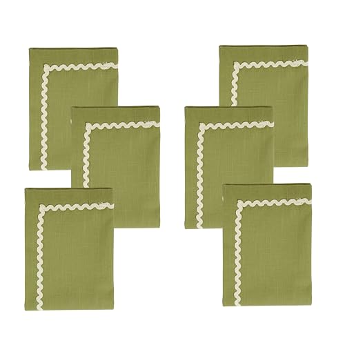 Image of FINGERCRAFT Cloth Napkins Set of 6, 18x18 Inch, 100% Cotton Table Napkins with RIC Rac Scallop Lace Trim, Reusable Washable Dinner Napkins for Wedding, Party, Dining & Home Decor (Olive)
