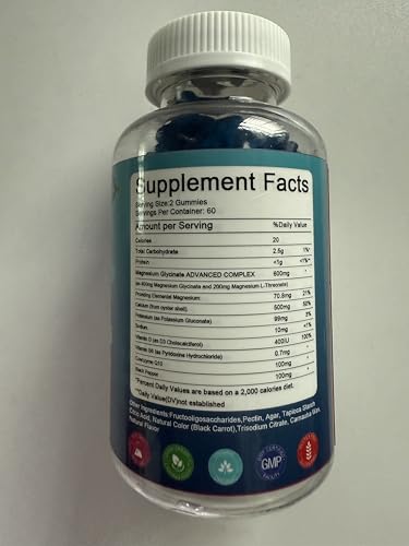 Magnesium Glycinate Gummies 600mg – Sugar Free Magnesium & Potassium Dietary Supplement with Vitamin D, B6 and CoQ10 for Calm Support & Sleep for Adults - High Absorption -Blueberry Gummies - Image 2