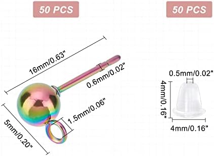 UNICRAFTALE About 50 Sets Rainbow Color Stainless Steel Stud Earring Findings Pin 0.6mm Ball Stud Earring Post with Plastic Ear Nuts Hypoallergenic Earrings for DIY Jewelry Making Hole 1.5mm