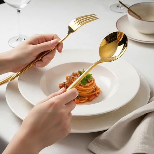 Image of Slim Handle Gold 15 Pcs Stainless Steel Cutlery Set for Dining Table, Dishwasher Safe Glossy Flatware (3 Spoon Set+3 Forks Set+3 Butter Knife+3 Dessert Spoon+ 3 Fruit Fork)